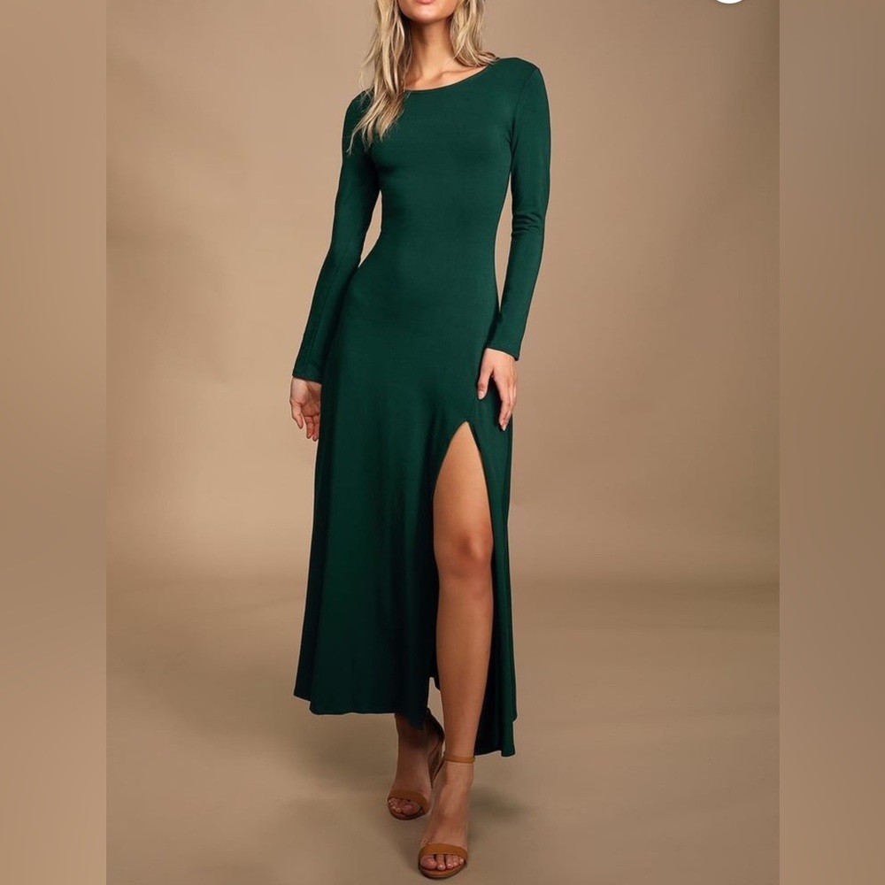 Lulu's Green Long Sleeve Slit Maxi Dress